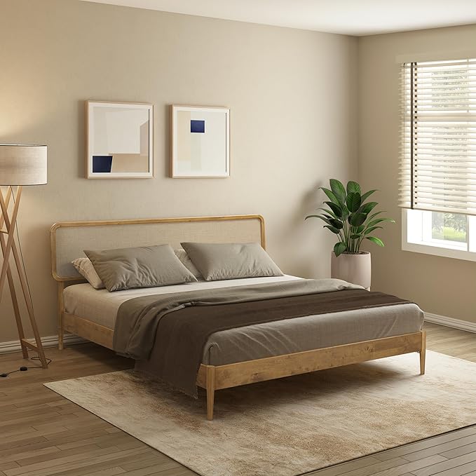 NTC Lupin Wooden Bed Frame with Headboard, Solid Oak and Rubber Wood Foundation with Silent Slats and Wood Central Supports, 1000 Lb Capacity, King - Teak Look