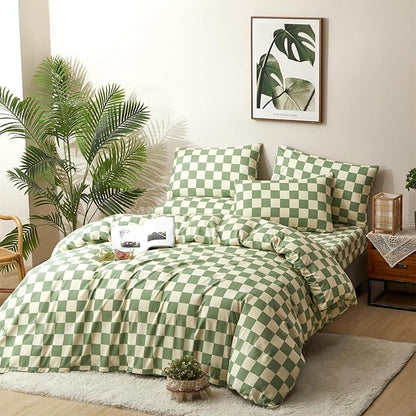 CLOTHKNOW Green White Plaid Twin/Twin XL Comforter Set Grid Bedding Comforter Sets Buffalo Checnker Comforter Soft Green White Comforter Sets