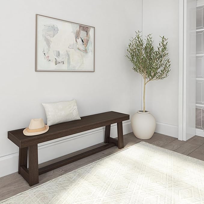 Plank+Beam 60 Inch Farmhouse Dining Bench, Solid Wood Entryway Bench, Wooden Outdoor Bench, Kitchen Dining Seat, Dining Room, Home Office, Living Room Furniture, Easy Assembly, Walnut Wirebrush