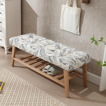 Wooden End of Bed Bench with Shoe Shelf 2 Tier Farmhouse Button Tufted Linen Fabric Upholstered Entryway Bench for Living Room/Bedroom/Hallway/Window Corner, Blue