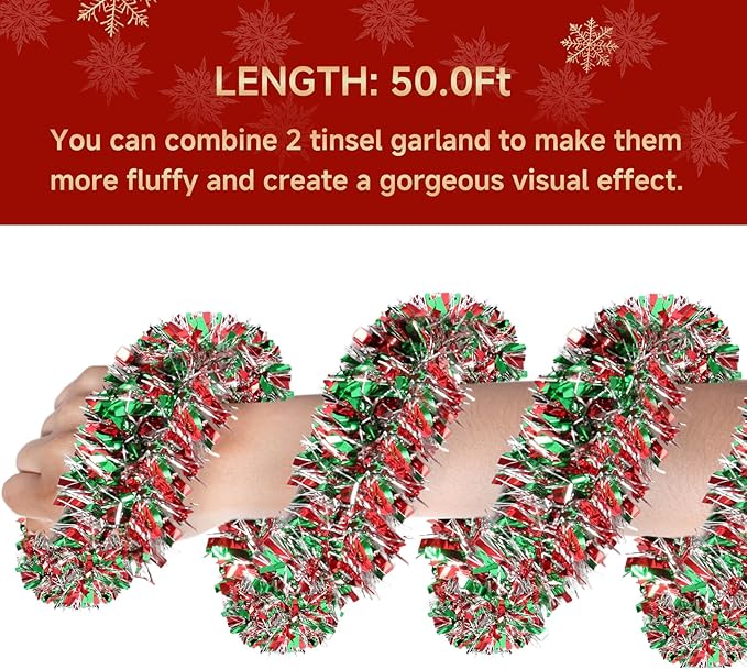 50Ft Christmas Tinsel Garland - Red Green Silver Shiny Metallic Twist Decor for Christmas Tree Home Stairs Railing Front Door Mantle Fireplace Indoor Outdoor Holiday Party