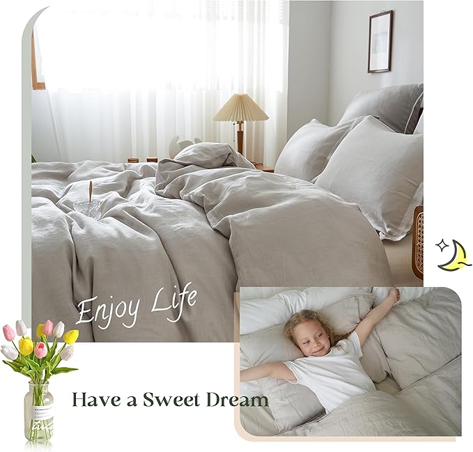 Simple&Opulence 100% Linen Duvet Cover Set, 3 PCS Natural French Flax Light Grey Duvet Cover Full Size, Breathable Soft Comfy Linen Bedding Comforter Cover with 2 Pillowcases(Light Grey, 78"x86")