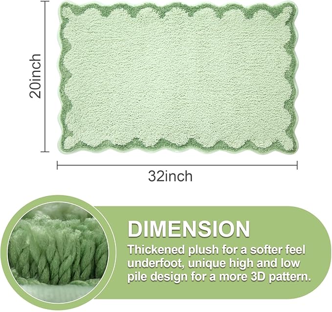 ORTIGIA Cute Green Scalloped Bath Mat, Fun Plush Microfiber Scallop Bathroom Rugs Non Slip Washable Quick Dry Absorbent, Bathmat Bath Rug for Shower Stall Vanities Kitchen Floor Entrance, 20x32