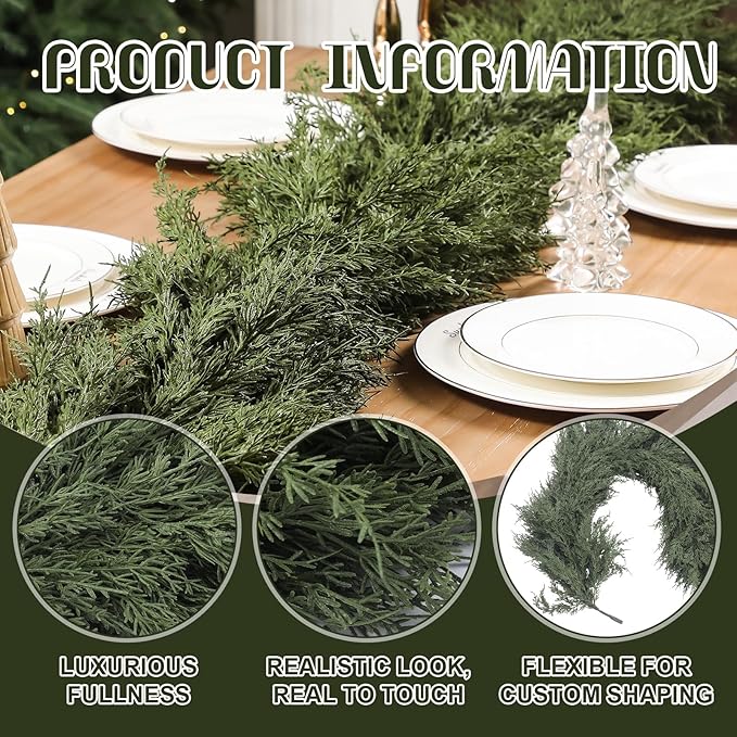 Dingion 1 Pcs 6 ft Christmas Cedar Garland - Thick & Lush, Soft Realistic Artificial Faux Cedar Cypress Pine Garland for Holiday Christmas Winter Home Table Mantel Wall Indoor Seasonal Decoration
