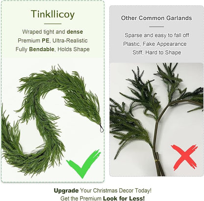 2PCS 9FT Norfolk Pine Garland, Christmas Artificial Faux Greenery Garland Real Touch Holiday Decorations for Holiday Wreaths, Craft DIY and Home Xmas Decorations