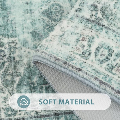 Uphome Boho Bathroom Rugs, Distressed Farmhouse Sage Green Bath Mat, Comfy Velvet Small Bath Rugs Non Slip Washable, Vintage Oriental Toilet Rug for Sink Shower Vanity, 18x26 inch