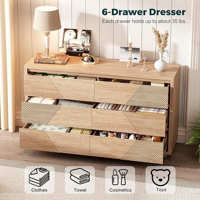 55.12" Modern Chest of Drawer, 6 Deep Drawers,Clothes Organizer,Large Storage Cabinet for Living Room, Bedroom,Dresser TV Stand, Wood Drawer Organizer for Living Room, Hallway, Natural Wood