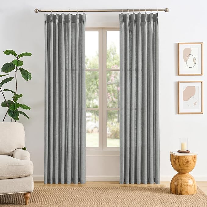 RAIN CITY Grey Linen Curtains 84 Inches Long Pinch Pleated with Hooks 2 Panels, Semi Sheer Textured Light Filtering Window Drapes for Dining Room Bedroom Back Tab 42x84-in