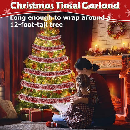 50ft Red&White Christmas Tinsel Garland Christmas Tree Garland Decorations Metallic Tinsel Glitter Twist Garlands Hanging Streamers for Indoor Xmas Holiday Decor