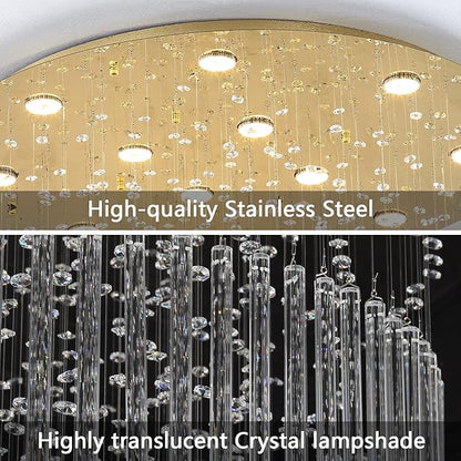 W32 x H100 Glam Chandelier with LED Bulbs Crystal Raindrop High Ceiling Pendant Light for Entrance Large Villa Chandelier Foyer Lighting Fixtures Gold