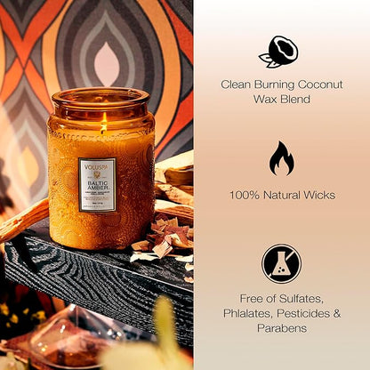 Voluspa Baltic Amber, Large Candle Jar, 18 oz, 100 Hour Burn Time, Coconut Wax for Clean Burning, Handcrafted in the USA