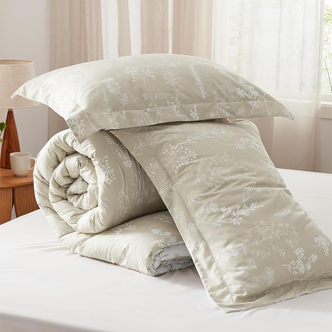 Bedsure King Comforter Set - Linen Bed Set, 3 Pieces Cute Floral Bedding, 1 Soft Reversible Botanical Flowers Comforter and 2 Pillow Shams