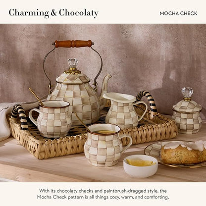 MACKENZIE-CHILDS Enamel Tea Kettle, Stylish Tea Kettle for Stovetop, Brown-and-White Mocha Check, 2 Quarts