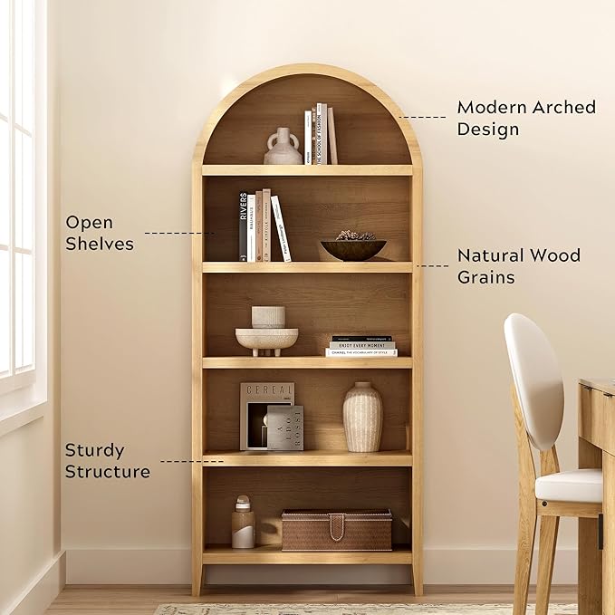 5 Tier Arched Bookshelf, 71" Tall Bookcase with Adjustable Shelves Wood Storage Cabinet Freestanding Display Kitchen Pantry for Living Room Bedroom Home Office, Natural Oak