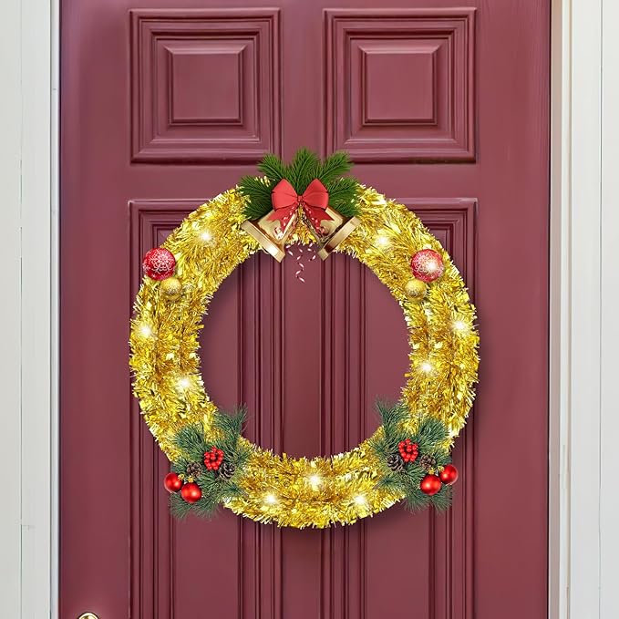 50FT Gold Christmas Tinsel Garland, Metallic Twist Shiny Hanging Garland Ornaments for Xmas Tree Party Supplies Thick Thin Metallic Streamers for Indoor Outdoor Decor