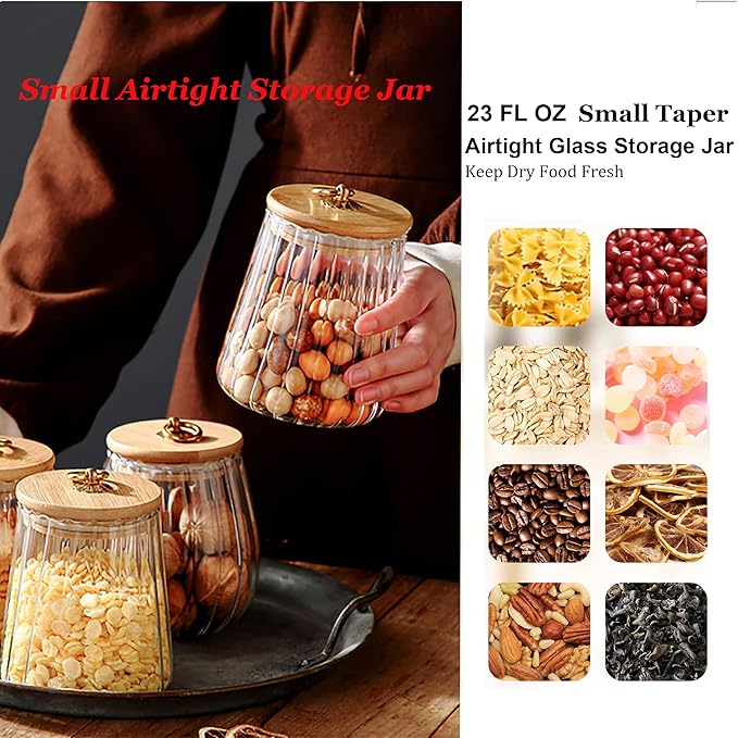 FANTESTICRYAN Glass Coffee Nuts Canister Airtight Storage Jar Petal Decorative Container with Bamboo Lid Metal Handle Easy to Grasp 700ml, 23 FL OZ