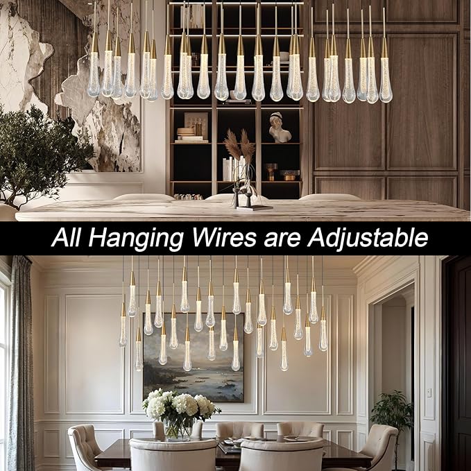 25-Lights Rectangle Gold Raindrop Chandelier with Glass, Luxury Farmhouse Large Linear Chandeliers for Dining Room Over Table, Brass Pendant Ceiling Light Fixture for Kitchen Island