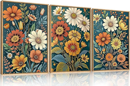 HOURIA Retro Boho Flower Framed Canvas Wall Art Set,Colorful Wilderness Floral with Green Leaves Wall Decor,Nature Botanical Wall Painting,Vintage Bouquet Art Prints for Living Room, Bedroom-16"x24"x3