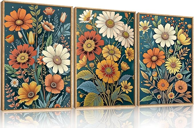 HOURIA Retro Boho Flower Framed Canvas Wall Art Set,Colorful Wilderness Floral with Green Leaves Wall Decor,Nature Botanical Wall Painting,Vintage Bouquet Art Prints for Living Room, Bedroom-24"x36"x3