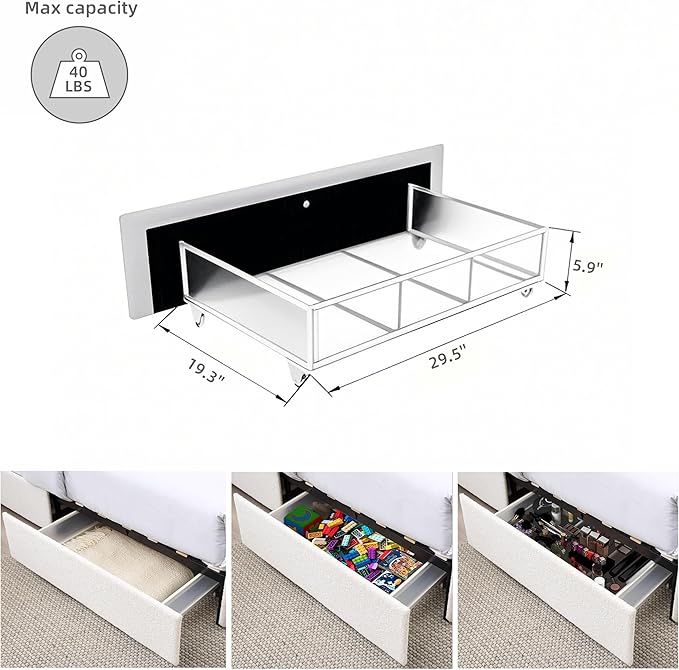 Queen Size Boucle Upholstered Platform Bed Frame, with 4 Drawers Storage, Curved Stitched Tufted Headboard, Wooden Slat Mattress Support, Noise Free, Easy Assembly, No Box Spring Needed, Ivory
