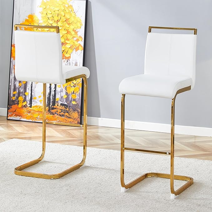 Counter Height Bar Stools Set of 2,Gold Bar Stools with Back,30" White Island Chairs with Gold Chrome Plated Metal Leg,Faux Leather Barstools for Pub Kitchen Counter Dining Chair