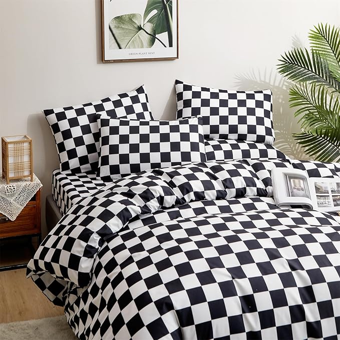 CLOTHKNOW California King Comforter Set Black Grid 3Pcs Bedding Comforter Sets Checker Comforter Black and White Comforter Sets Cal King