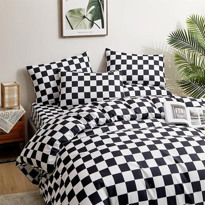 CLOTHKNOW California King Comforter Set Black Grid 3Pcs Bedding Comforter Sets Checker Comforter Black and White Comforter Sets Cal King