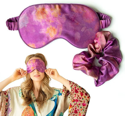 Silk & Willow 100% Pure Mulberry Silk Sleep Eye Mask & Hair Scrunchie Gift Set (Hot Peony)
