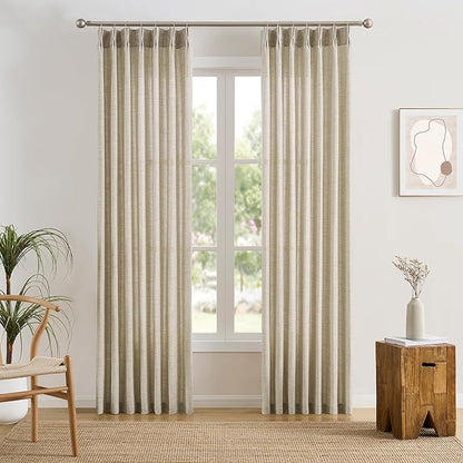 RAIN CITY Beige Sheer Curtains 132 Inches Long with Pinch Pleat,Memory Trained Pleated Drapes Hooks Linen Textured Boho Extra Long 11 ft Curtain for Dining Bedroom 42 Inch Wide Each Panel