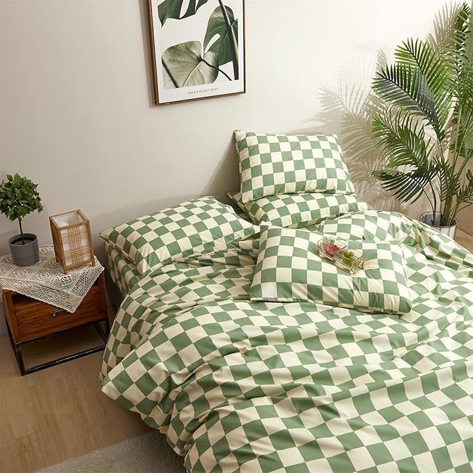 CLOTHKNOW Green White Plaid Twin/Twin XL Comforter Set Grid Bedding Comforter Sets Buffalo Checnker Comforter Soft Green White Comforter Sets