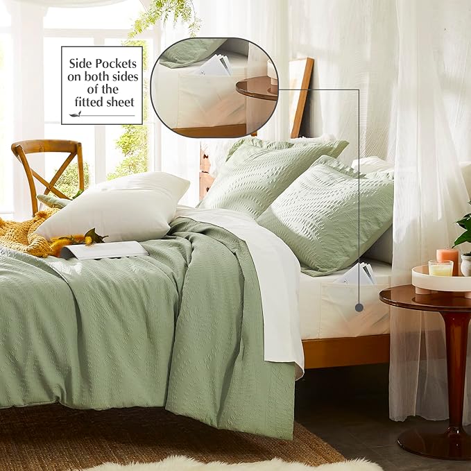 Geniospin King Comforter Set - 7 Pieces Textured Sage Green Bedding Sets, Boho Shabby Chic Comforter Set, All Season Comfortable Bed in a Bag with Comforter, Sheets, Pillowcases & Shams