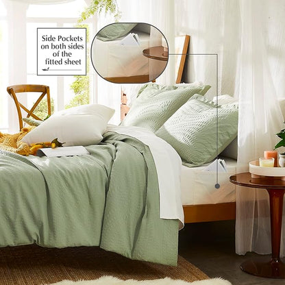 Geniospin King Comforter Set - 7 Pieces Textured Sage Green Bedding Sets, Boho Shabby Chic Comforter Set, All Season Comfortable Bed in a Bag with Comforter, Sheets, Pillowcases & Shams