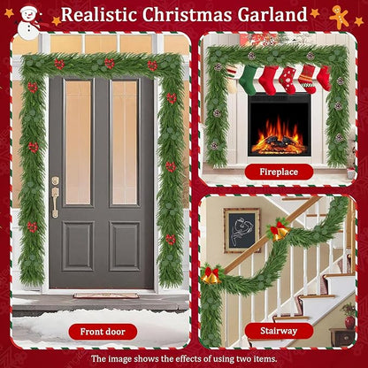 Christmas Garland Mixed with Eucalyptus,9FT Artificial Realistic Norfolk Pine Garland,Real Touch Cedar Pine Thick Greenery Faux Garland for Xmas Mantle,Stairs,Window,Fireplace(1, with 4 Ties)