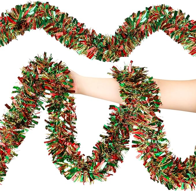 50FT Christmas Tinsel Garland, Red Green&Gold Metallic Twist Shiny Hanging Garland Ornaments for Christmas Tree, Party Supplies Thick Metallic Xmas Streamers