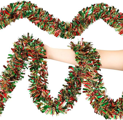 50FT Christmas Tinsel Garland, Red Green&Gold Metallic Twist Shiny Hanging Garland Ornaments for Christmas Tree, Party Supplies Thick Metallic Xmas Streamers