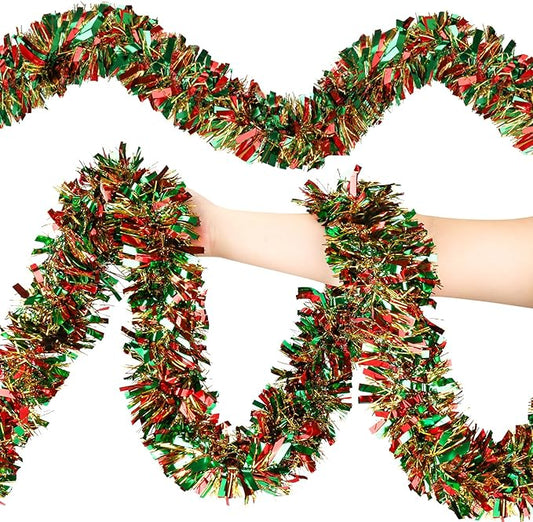 50FT Christmas Tinsel Garland, Red Green&Gold Metallic Twist Shiny Hanging Garland Ornaments for Christmas Tree, Party Supplies Thick Metallic Xmas Streamers