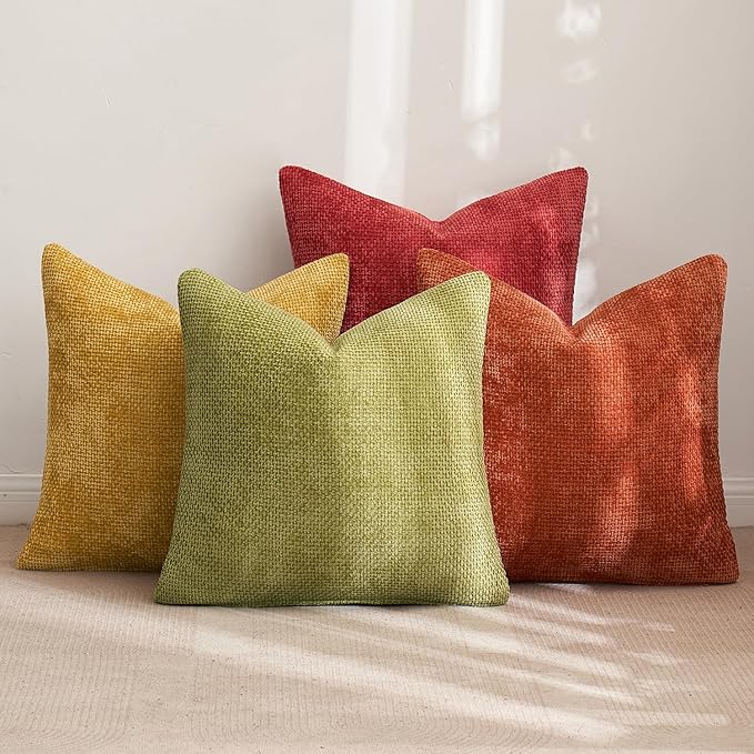 MIULEE Pack of 4 Fall Burnt Orange Throw Pillow Covers 18x18 Inch Yellow Green Soft Decorative Chenille Pillows Farmhouse Accent Cushions for Boho Home Decor Spring Bedroom Living Room