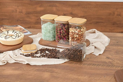 37oz Airtight Glass Square Storage Canister with Bamboo Lid Set of 4 (1100ml) Container Stackable Jar, Kitchen Canister for Pantry Noodles, Flour and Coffee beans (‎with Black Lable)
