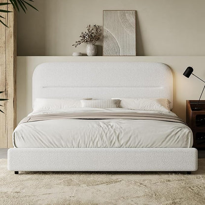 Queen Size Boucle Bed Frame, Upholstered Queen Size with Headboard, Soft Cloud Bed with Thickened Footboard, Rounded Corners, No Box Spring Needed, Easy Assembly, White