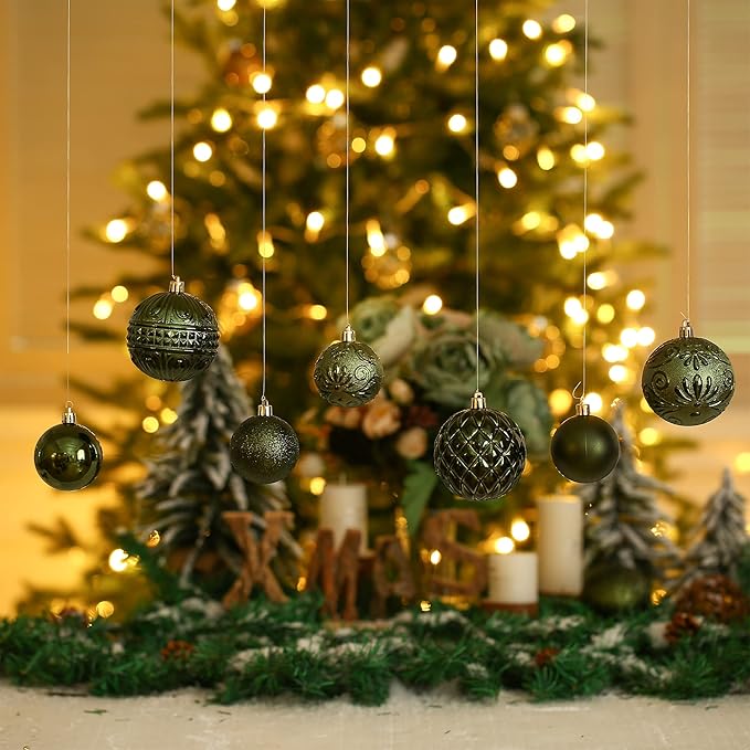 Christmas Ball Ornaments Dark Green Christmas Tree Decorations with Hang Rope-36pcs Shatterproof Christmas Ornaments Set with 6 Styles in 3 Sizes(Small Medium Large)