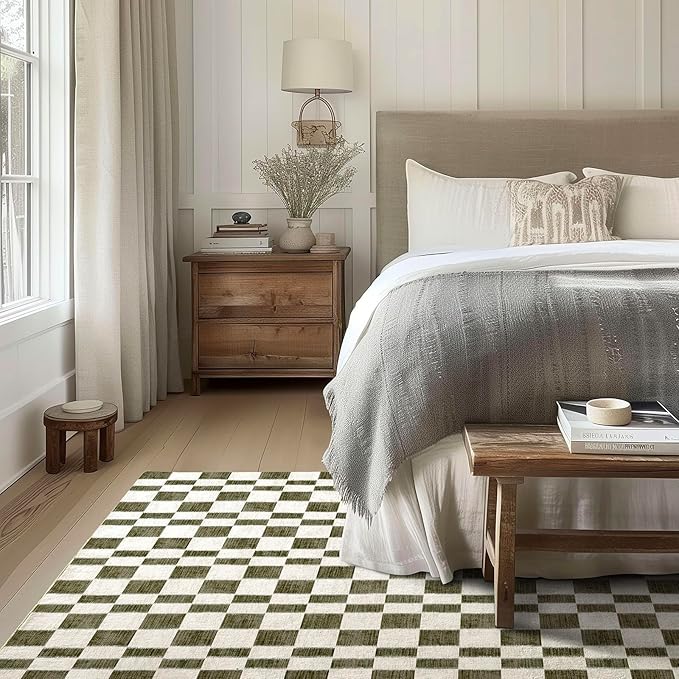 EVERGRACE Checkered Plaid Area Rug 5x7, Soft Faux Wool, Washable Christmas & Holiday Rug for Living Room, Bedroom, Hallway, Kitchen, Dining Room and Laundry, Olive Green