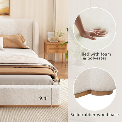 King Size Bed Frame, Upholstered Cloud Boucle Platform Beds Frames with Headboard, Anti-Collision Soft Rounded Corners Footboard, No Box Spring Required, Easy Assembly (36" White, King)