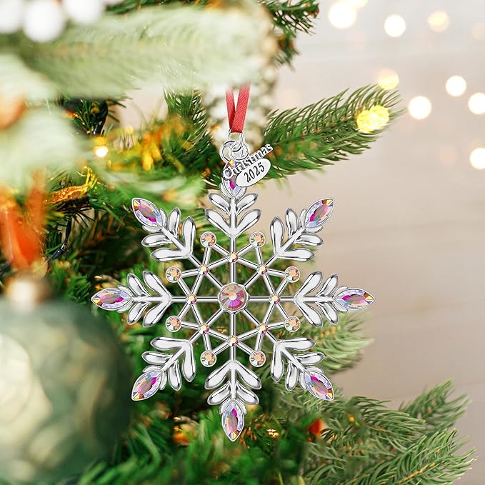 Christmas Snowflake Ornaments 2025 Decorations for Christmas Tree, Metal Hanging Rhinestones Ornament Decor, Glitter Crafts Snowflake Decorations Indoor Xmas Gifts for Holidays Winter Annual Keepsake
