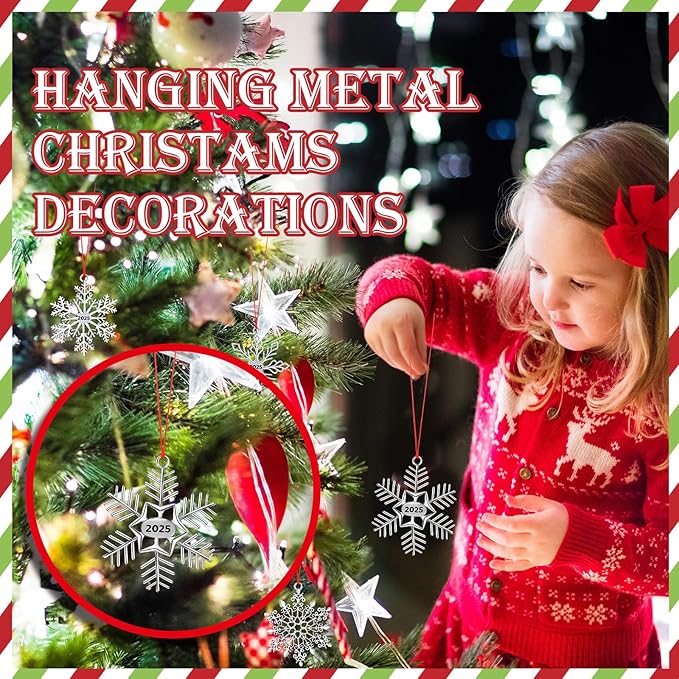 Zhengmy 8 Pieces Christmas Ornaments 2025 Solid Pewter Christmas Tree Ornament Metal Gnomes Santa Angel Snowman Hanging Craft Xmas Gifts with Red Bags(Snowflake)