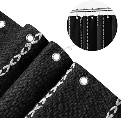 MitoVilla Boho Extra Long Shower Curtain 72 x 84, Black 84 inch XL Polyester Linen Tassel Fabric Shower Curtain Set with Hooks for Vintage Country Farmhouse Bathroom Decor, Thick & Wrinkle Resistant
