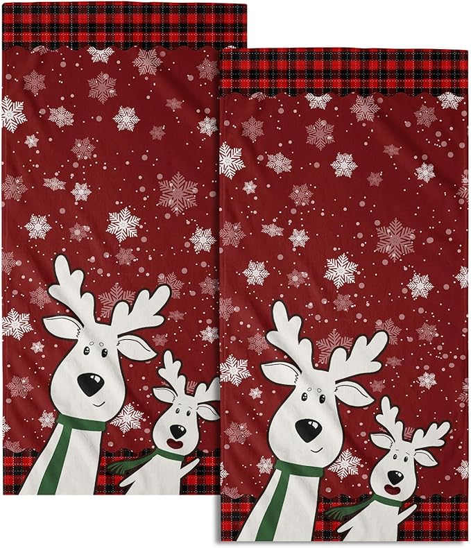 Christmas Deer Hand Towels Set of 2 Red Plaid Moose Elk Snowflake Holiday 16x24