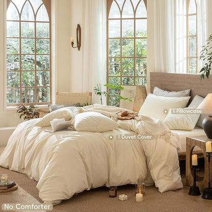 MooMee Wavy Striped Duvet Cover Set 100% Washed Cotton Linen Like Textured Breathable Durable Soft Comfy (Cream White, Twin 68"x90")