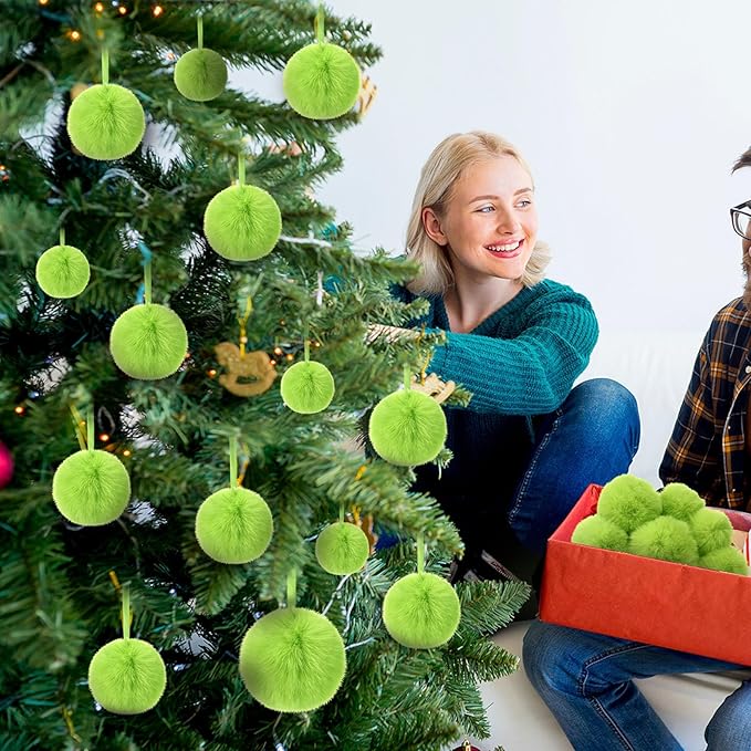 24 Pcs Green Furry Christmas Ball Ornaments for Tree 2.36/3.15/3.94 Inches Pom Pom Ball Christmas Hanging Decoration for Party Supplies Fireplace Mantel Wall Decor