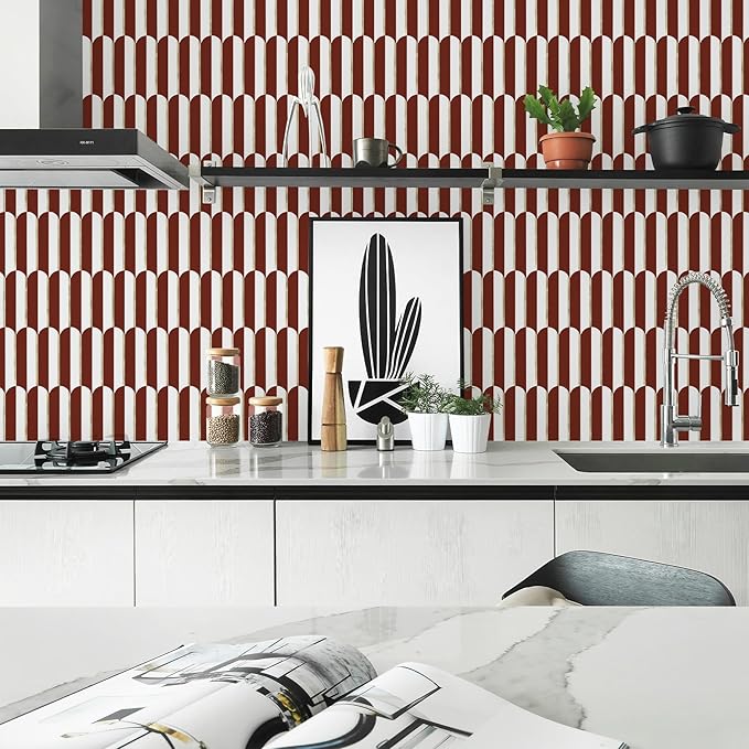 Vamos Tile Peel and Stick Backsplash Seamless Tile for Kitchen,White and Red PVC Mixed Light Gold Self Adhesive Fish Scale Metal Mosaic Tiles (10 Sheets)