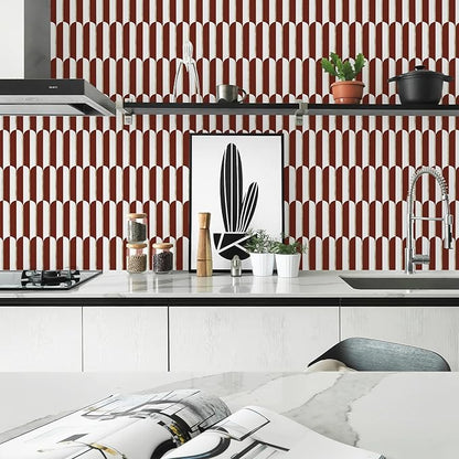 Vamos Tile Peel and Stick Backsplash Seamless Tile for Kitchen,White and Red PVC Mixed Light Gold Self Adhesive Fish Scale Metal Mosaic Tiles (10 Sheets)